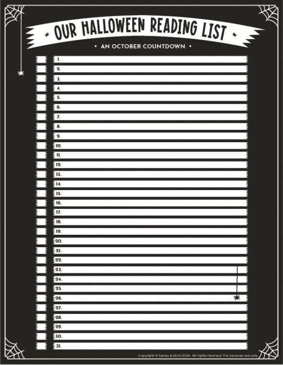 free-printable-Halloween-reading-countdown-list-for-kids-3 A preview of one of the versions of our free printable Halloween reading countdown lists for kids and families