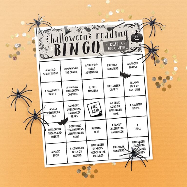 Our free printable PDF kids Halloween book bingo sheet sitting on an orange background with plastic spiders and confetti