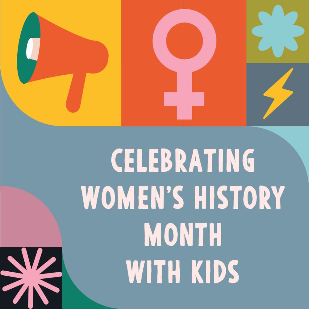 A colorful graphic displaying symbols of womens history month