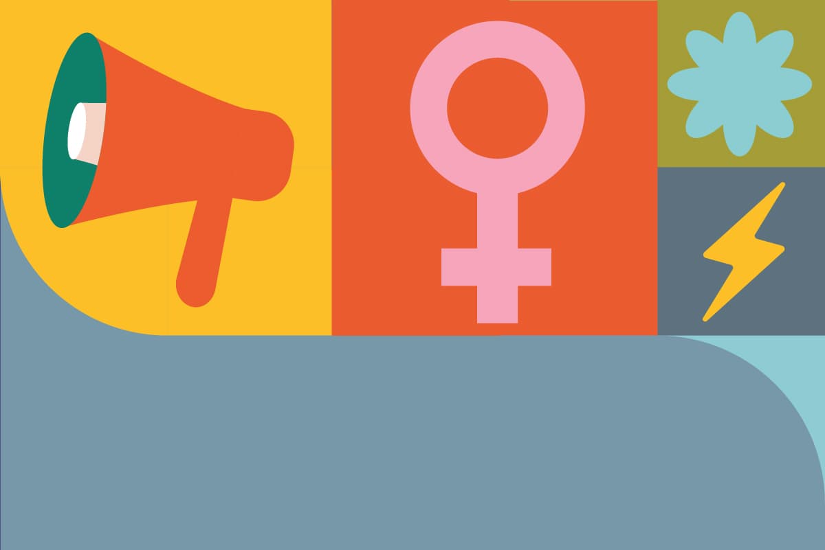 A colorful graphic displaying symbols of womens history month