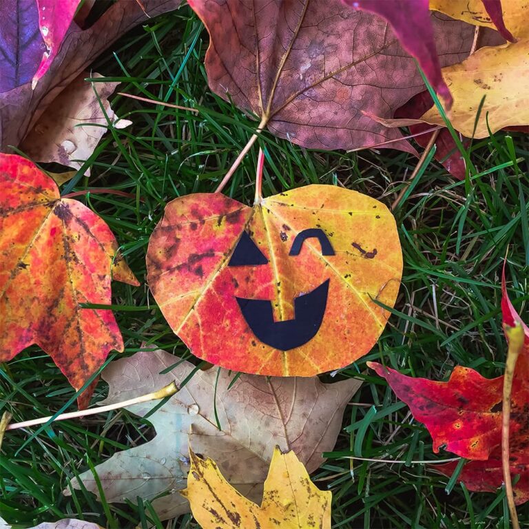 A colorful fall leaf cut into a Halloween pumpkin shape with a paper jack-o-lantern face sitting on green grass and surrounded by colorful autumn leaves
