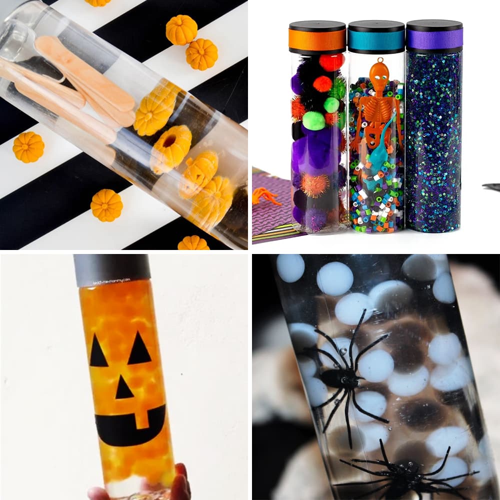 Photos of four Halloween sensory bottles for kids