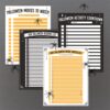 free-printable-halloween-countdown-lists Four of our free printable Halloween countdown lists sitting on a black background surrounded by plastic spiders