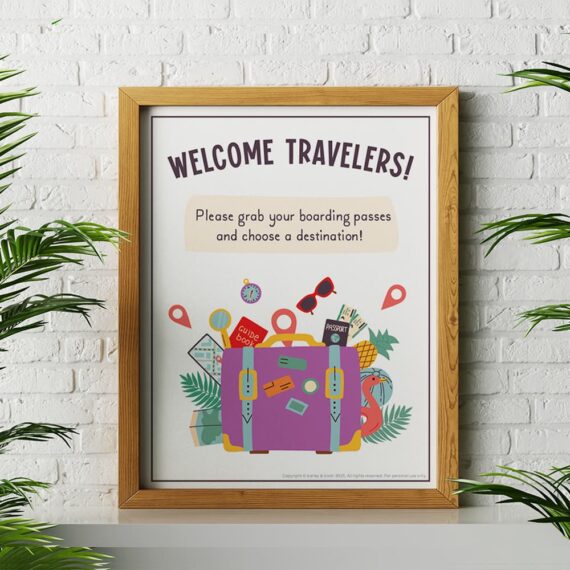A framed printable virtual trip poster for kids sitting between two palms against a white brick wall.