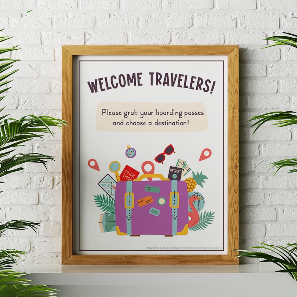 A framed printable virtual trip poster for kids sitting between two palms against a white brick wall.