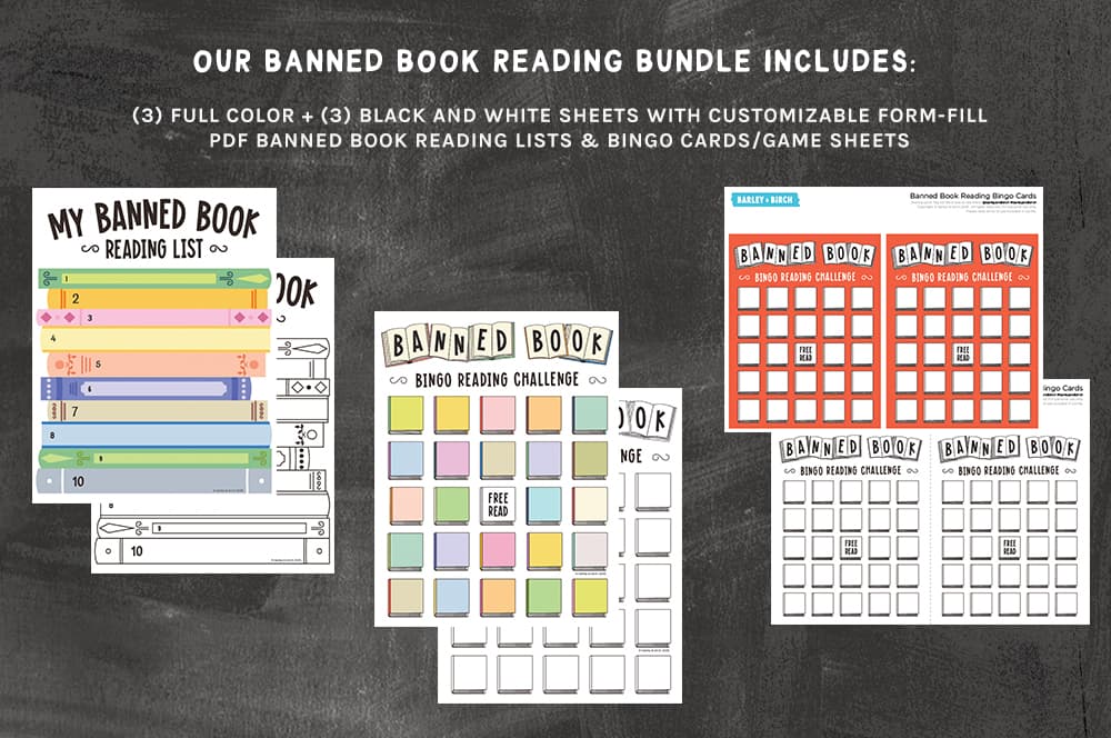 A preview of our free printable banned book reading challenges for kids
