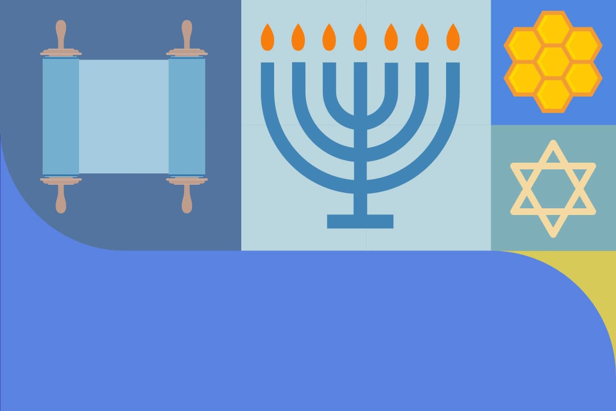 A colorful graphic displaying symbols of Jewish American heritage month