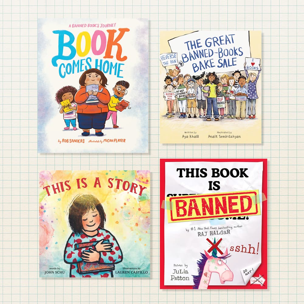 Four childrens books about the library sitting on a grid paper background
