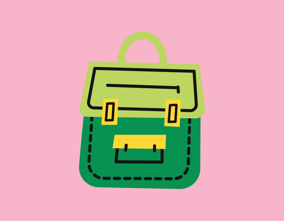 An illustration of a green backpack on a pink background