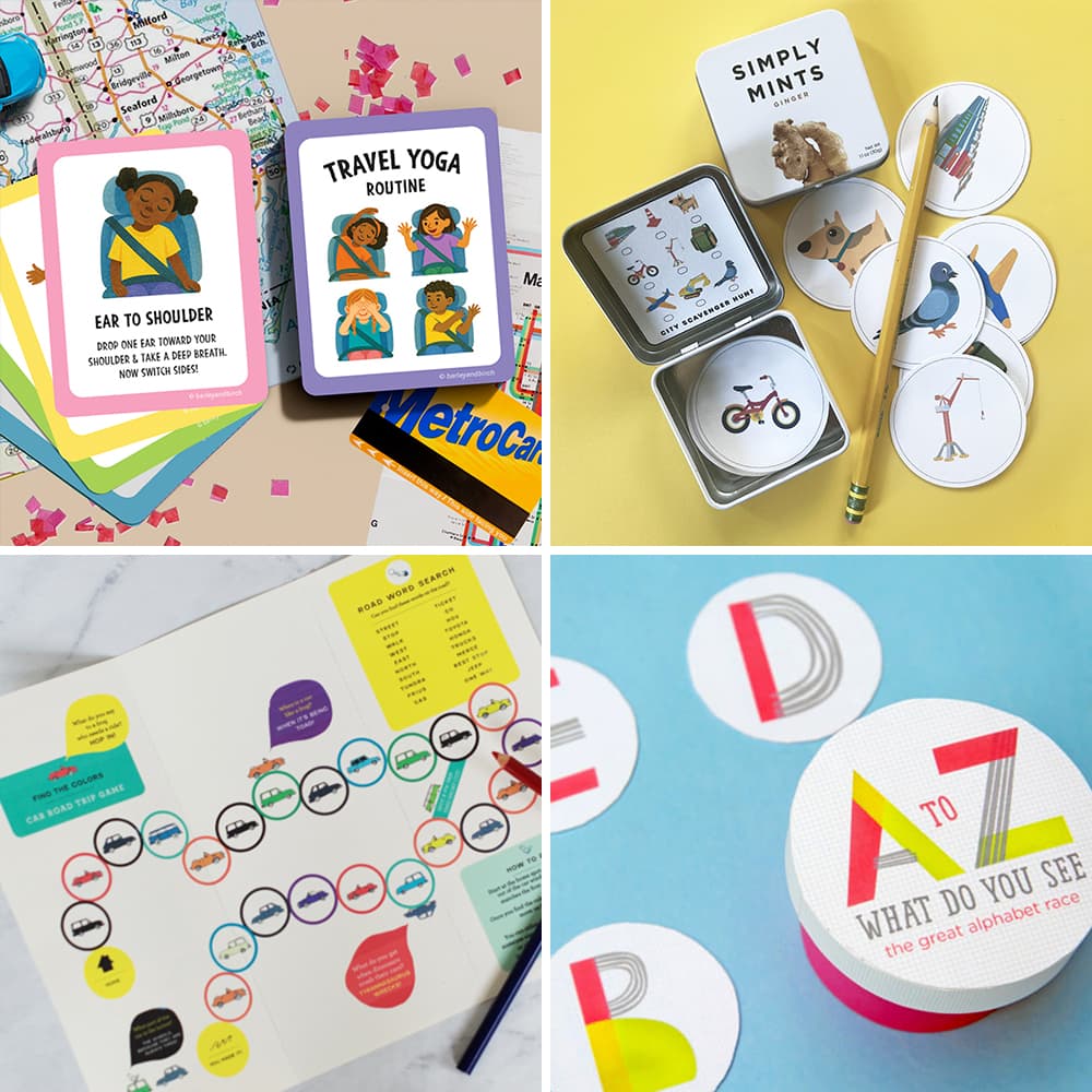 A photo collage showing four different free printable travel activities for kids