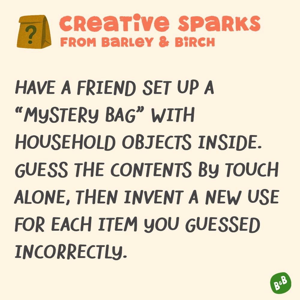 A graphic with a small illustration and text that reads Creative Sparks from barley and birch - Have a friend set up a "mystery bag" with household objects inside. Guess the contents by touch alone, then invent a new use for each item you guessed incorrectly.