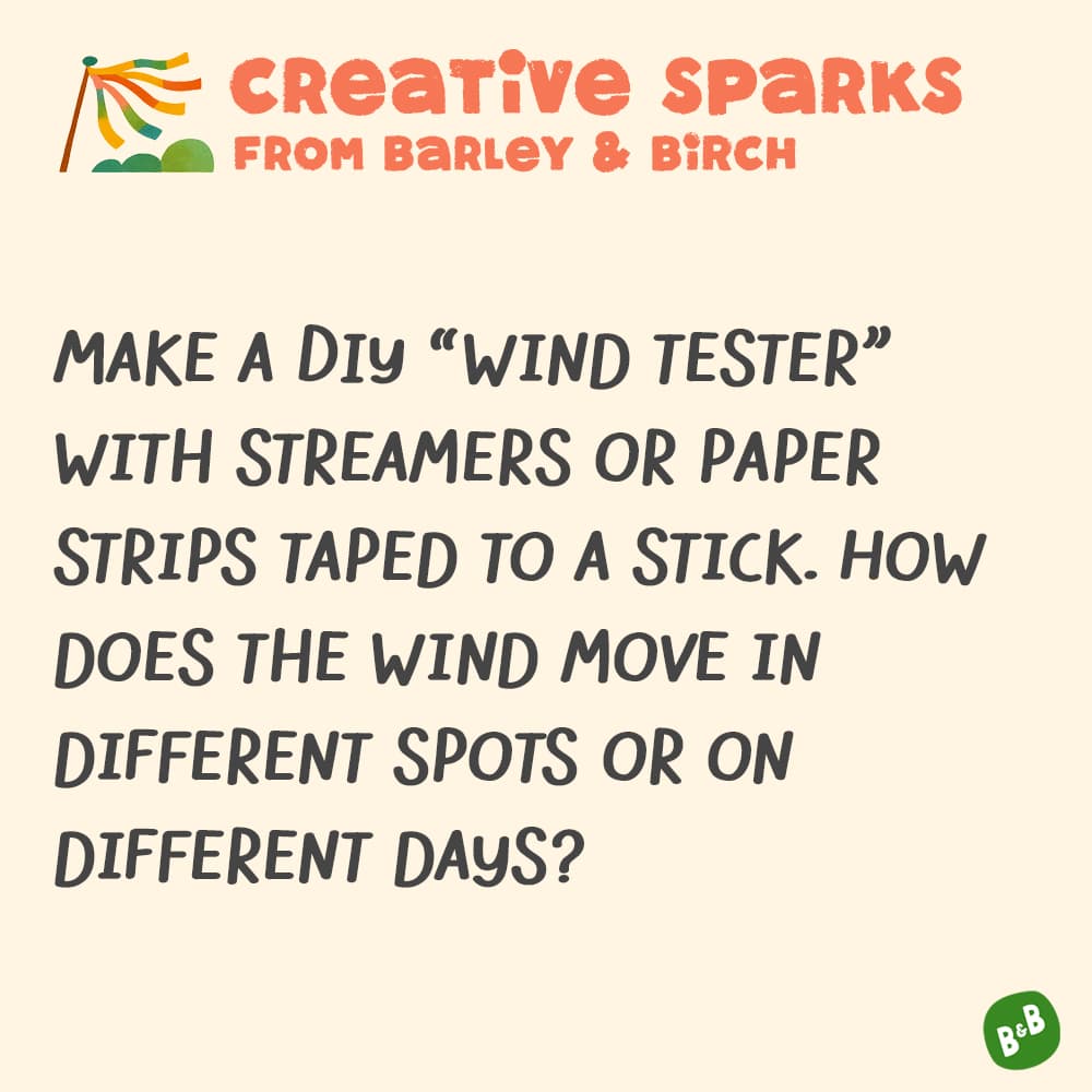 A graphic with a small illustration and text that reads Creative Sparks from barley and birch -Make a DIY wind tester with streamers or paper strips taped to a stick. How does the wind move in different spots or on different days?