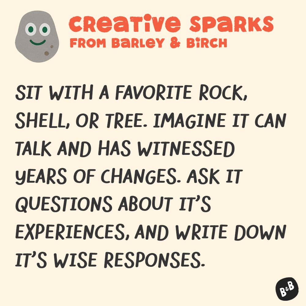 A graphic with a small illustration and text that reads Creative Sparks from barley and birch - with a description of the July kids creative prompt activity