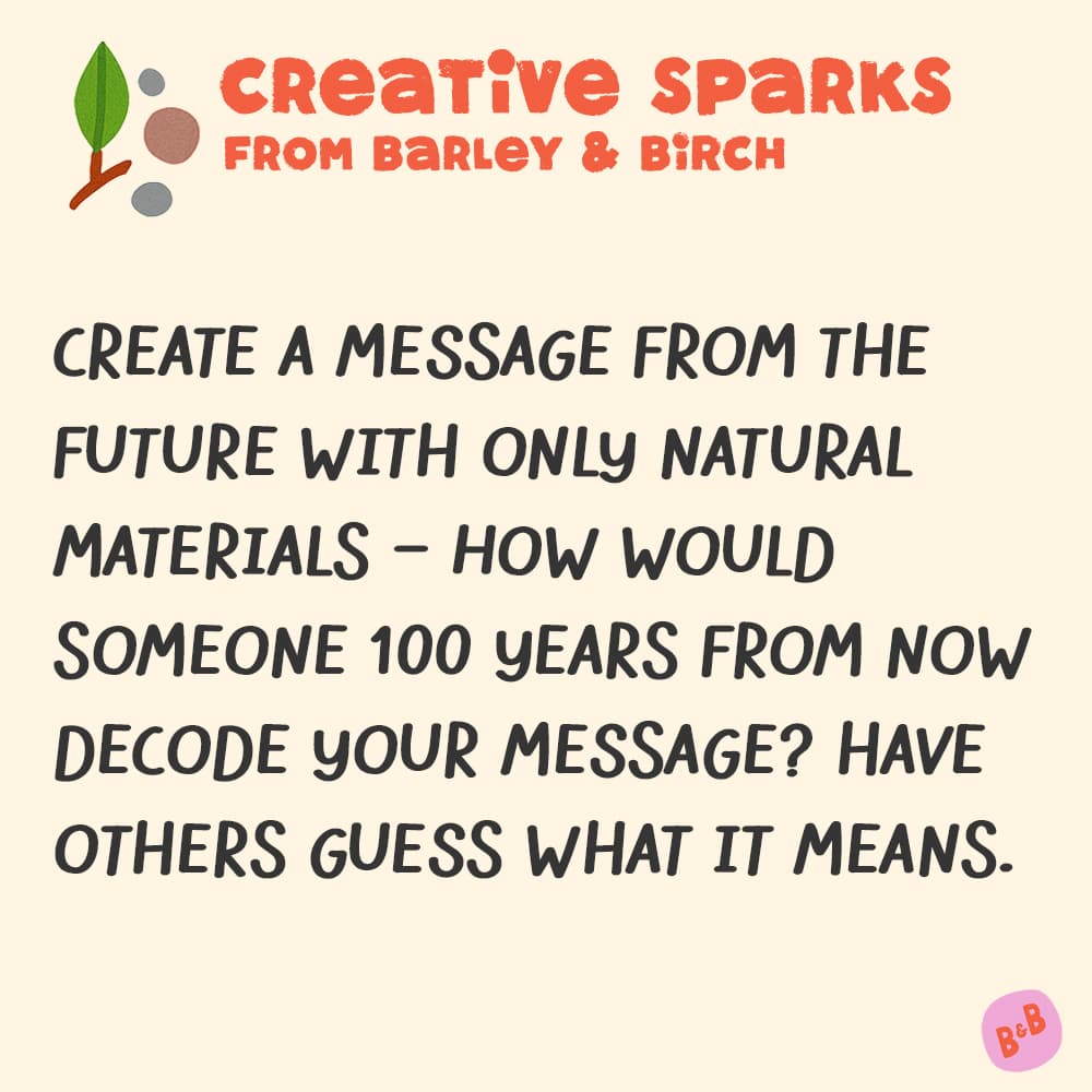 A graphic with a small illustration and text that reads Creative Sparks from barley and birch - with a description of the July kids creative prompt activity