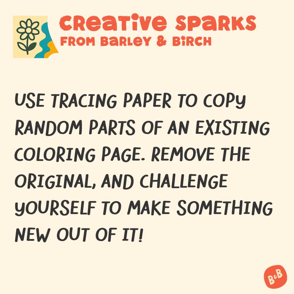 A graphic with a small illustration and text that reads Creative Sparks from barley and birch - with a description of the July kids creative prompt activity