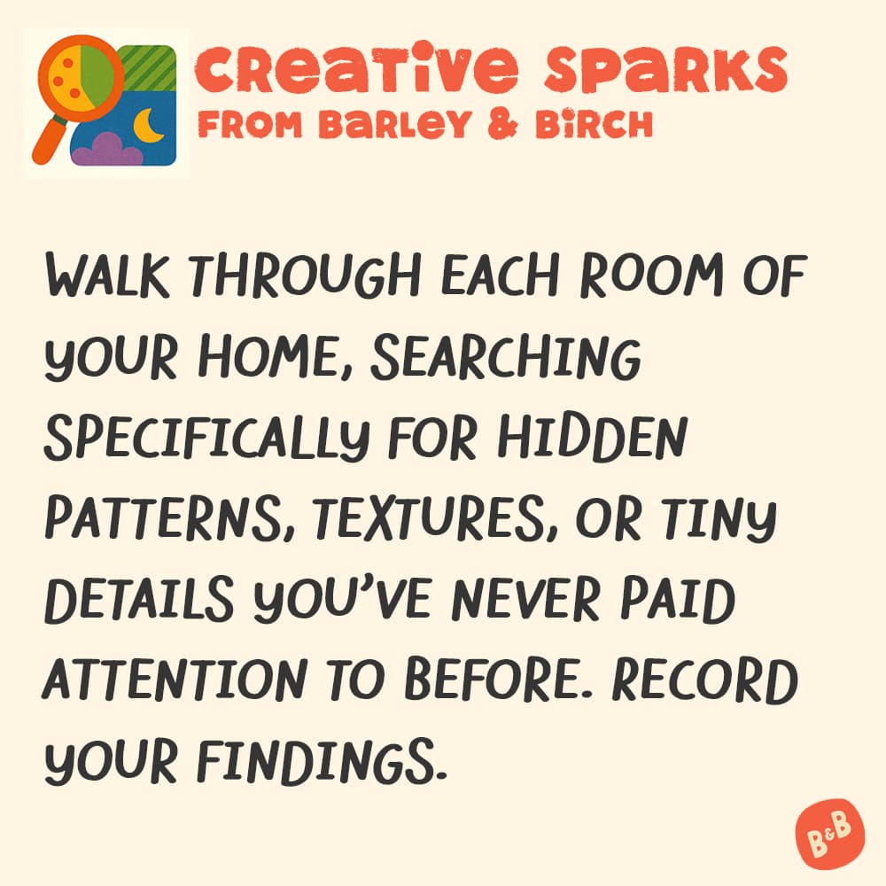 A graphic with a small illustration and text that reads Creative Sparks from barley and birch - with a description of the July kids creative prompt activity