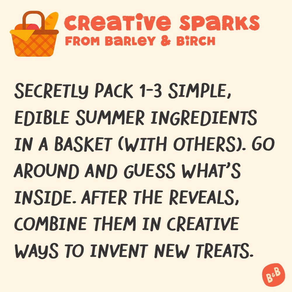 A graphic with a small illustration and text that reads Creative Sparks from barley and birch - with a description of the July kids creative prompt activity