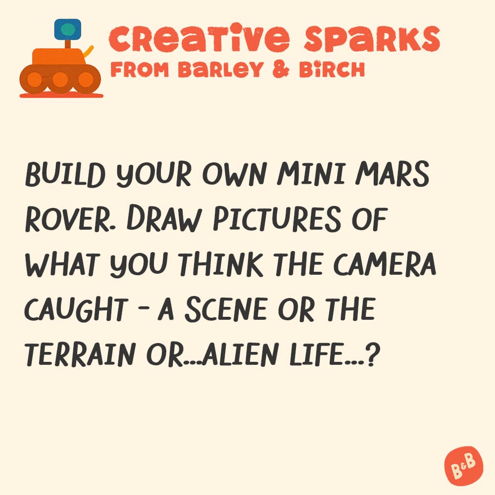 A graphic with a small illustration and text that reads Creative Sparks from barley and birch - with a description of the July kids creative prompt activity