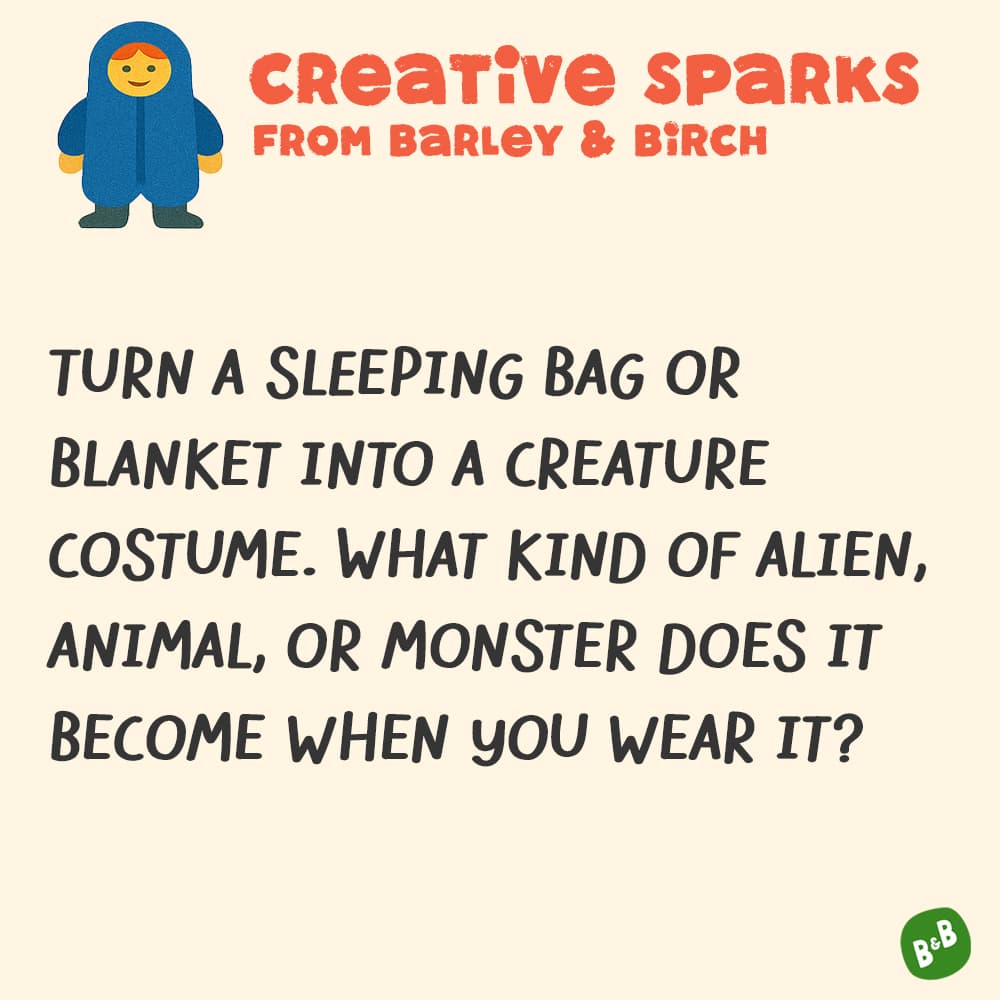 A graphic with a small illustration and text that reads Creative Sparks from barley and birch - with a description of the July kids creative prompt activity