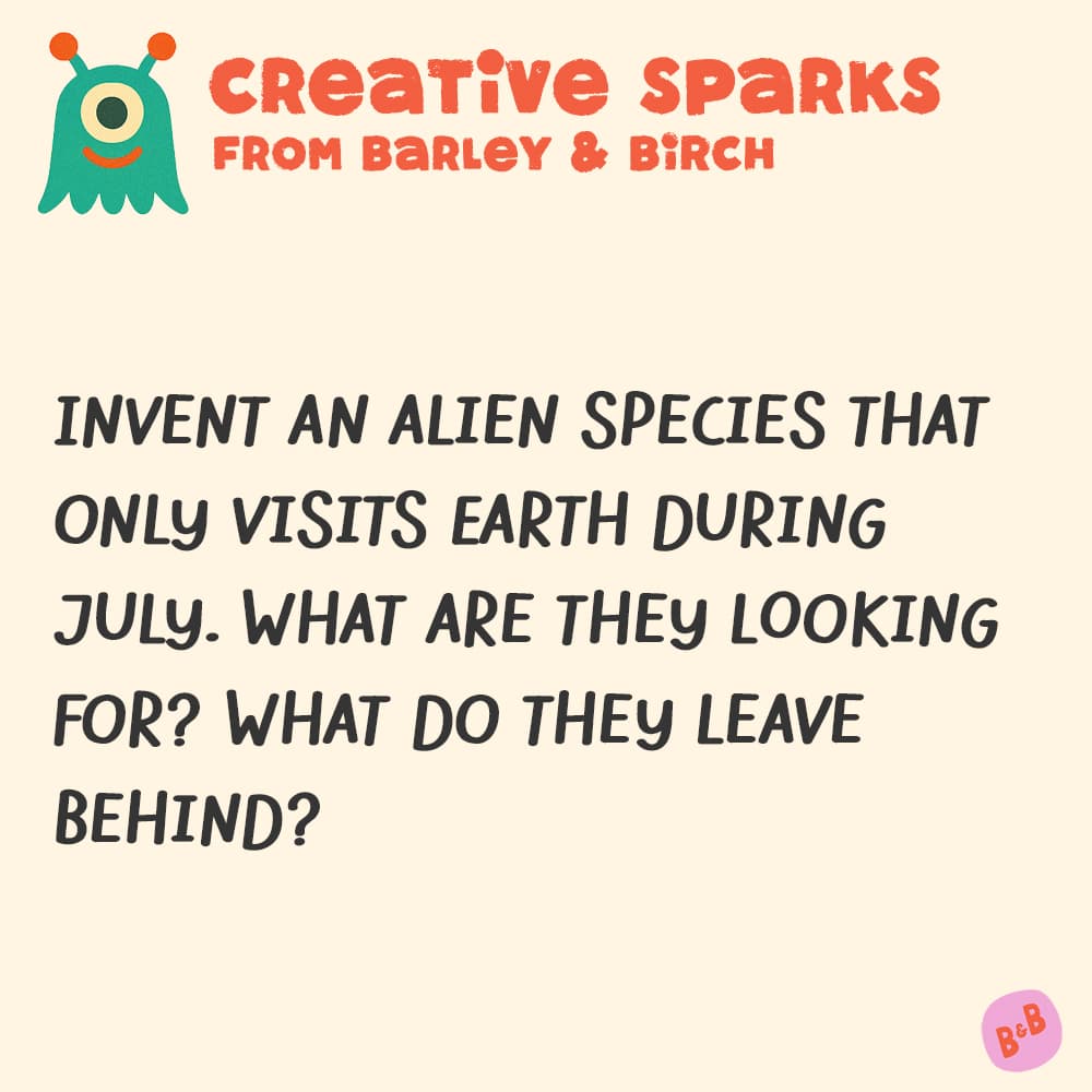 A graphic with a small illustration and text that reads Creative Sparks from barley and birch - with a description of the July kids creative prompt activity