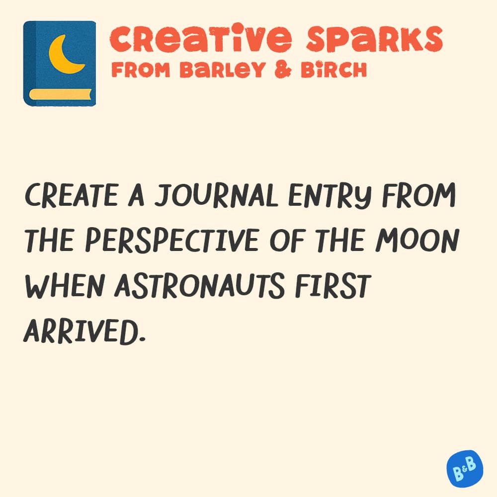 A graphic with a small illustration and text that reads Creative Sparks from barley and birch - with a description of the July kids creative prompt activity