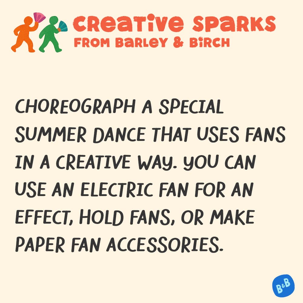 A graphic with a small illustration and text that reads Creative Sparks from barley and birch - with a description of the July kids creative prompt activity