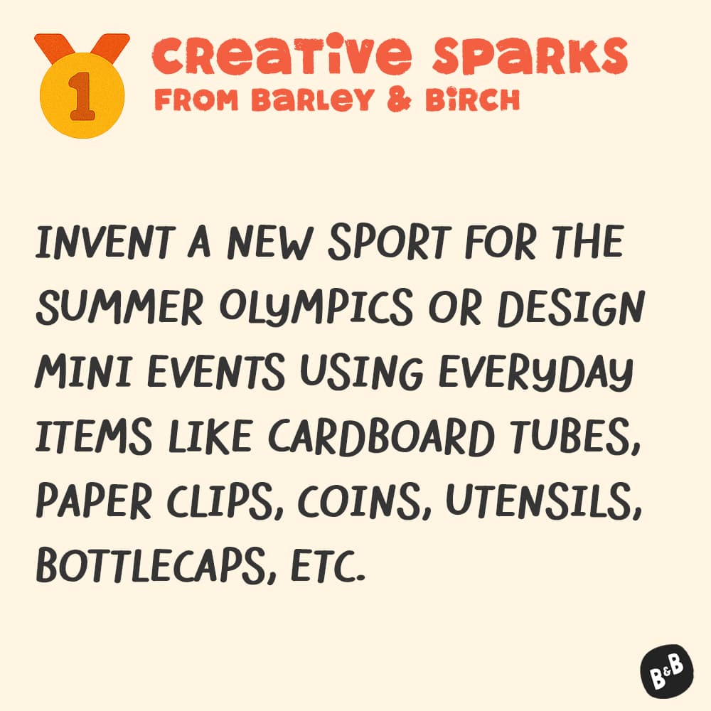 A graphic with a small illustration and text that reads Creative Sparks from barley and birch - with a description of the July kids creative prompt activity