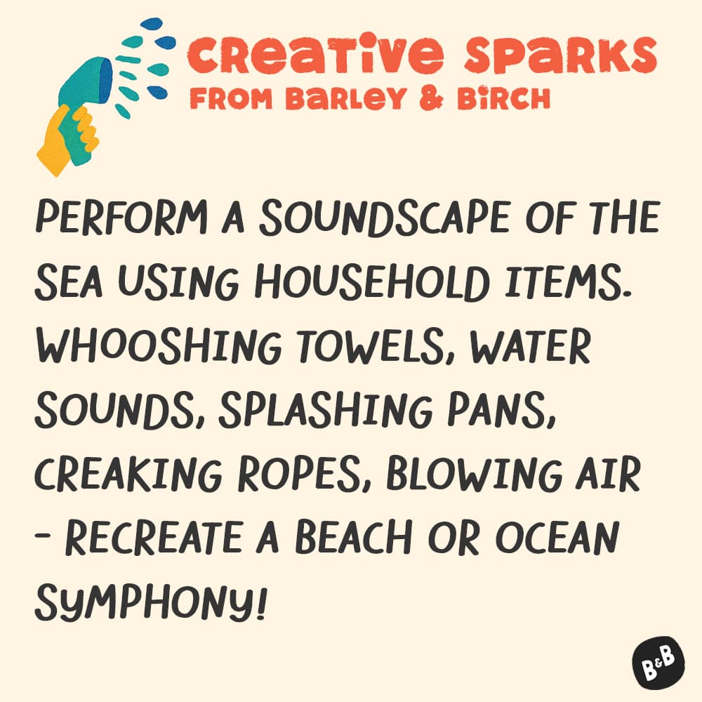 A graphic with a small illustration and text that reads Creative Sparks from barley and birch - with a description of the July kids creative prompt activity