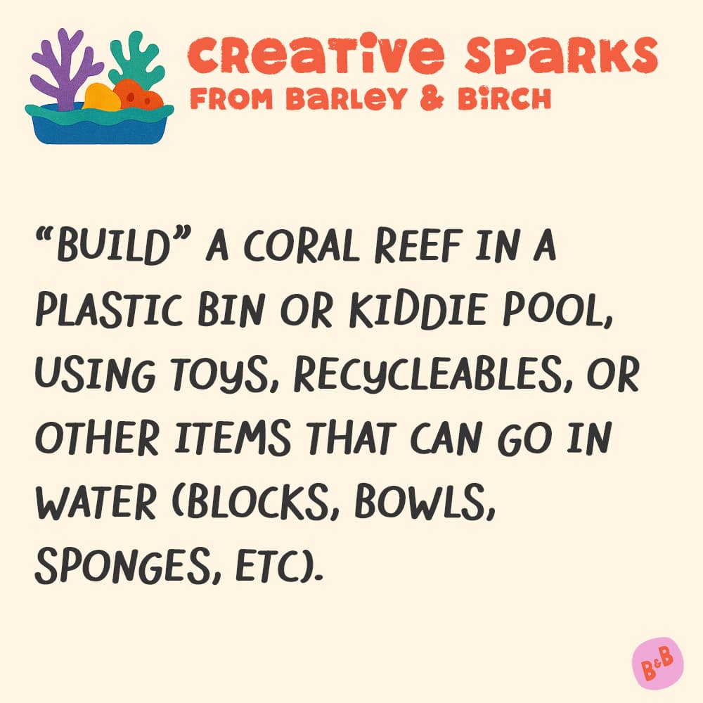A graphic with a small illustration and text that reads Creative Sparks from barley and birch - with a description of the July kids creative prompt activity