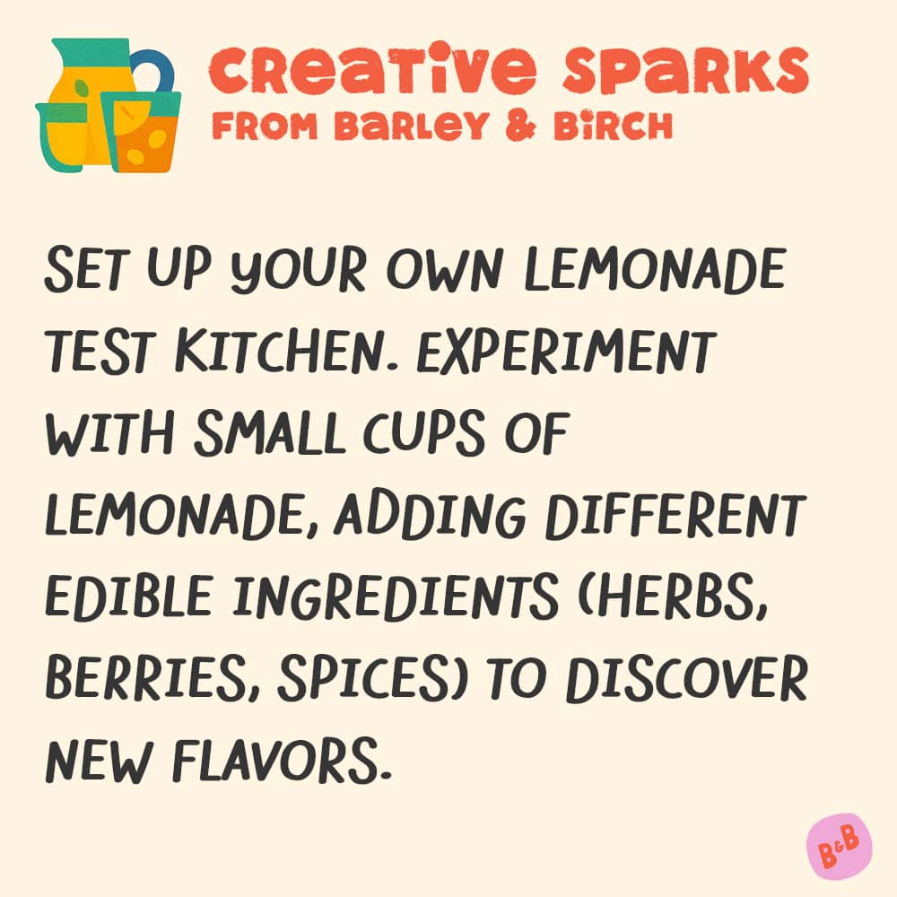 A graphic with a small illustration and text that reads Creative Sparks from barley and birch - with a description of the July kids creative prompt activity