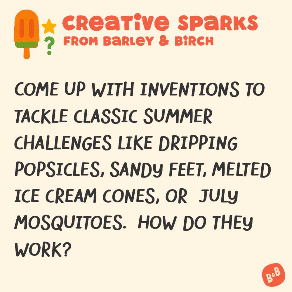 A graphic with a small illustration and text that reads Creative Sparks from barley and birch - with a description of the July kids creative prompt activity