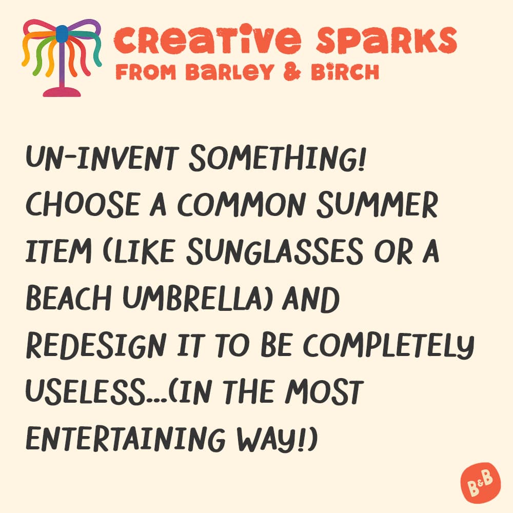 A graphic with a small illustration and text that reads Creative Sparks from barley and birch - with a description of the July kids creative prompt activity