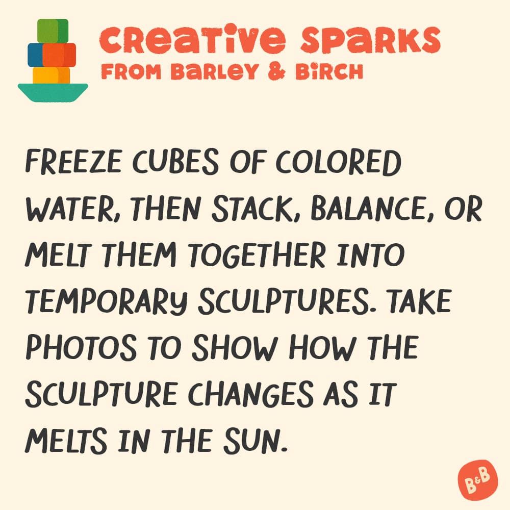 A graphic with a small illustration and text that reads Creative Sparks from barley and birch - with a description of the July kids creative prompt activity
