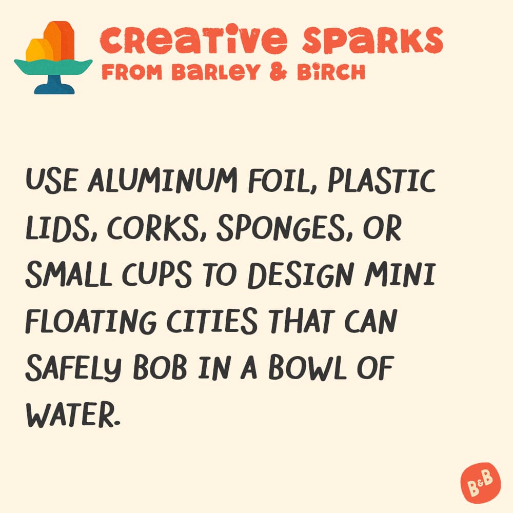 A graphic with a small illustration and text that reads Creative Sparks from barley and birch - with a description of the July kids creative prompt activity