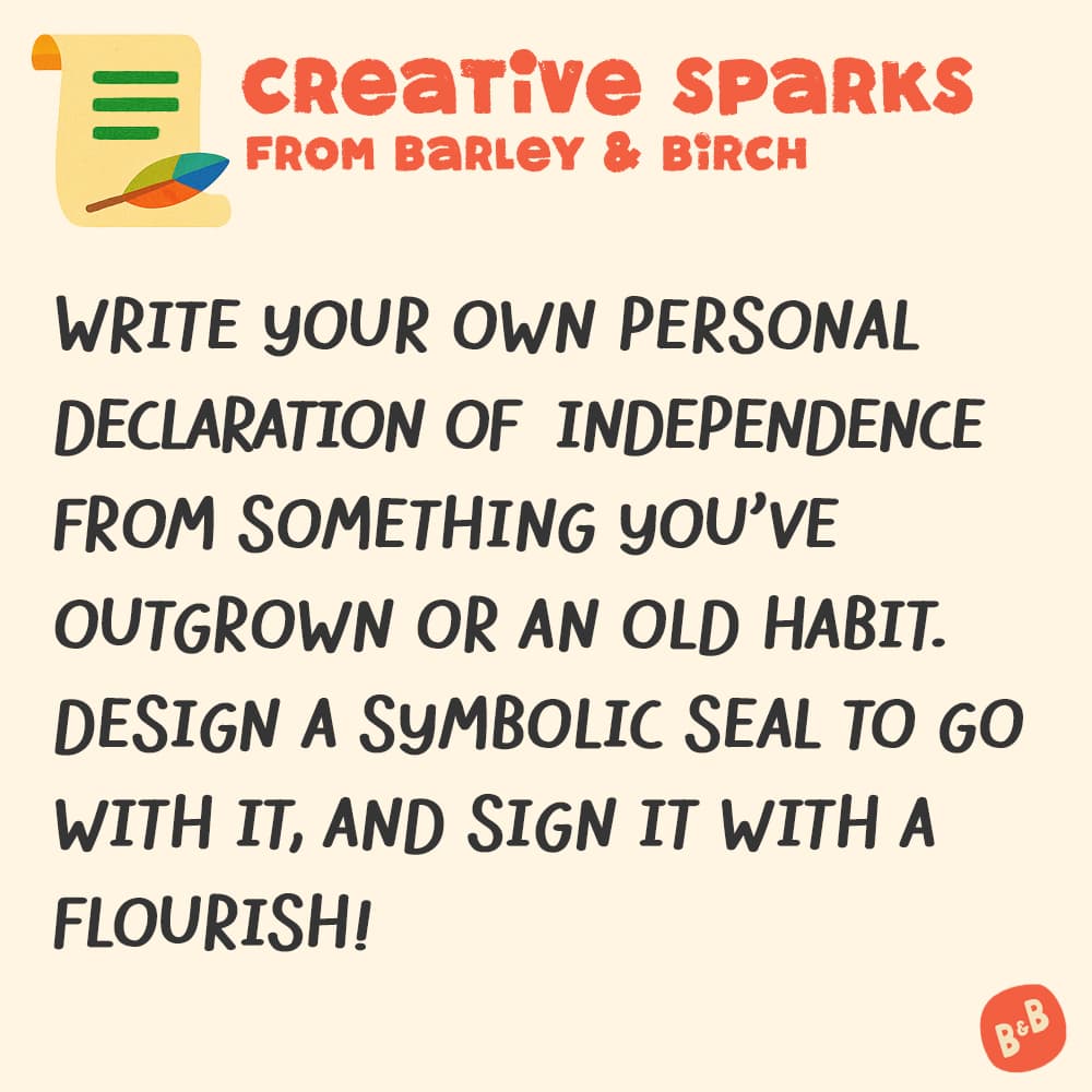 A graphic with a small illustration and text that reads Creative Sparks from barley and birch - with a description of the July kids creative prompt activity