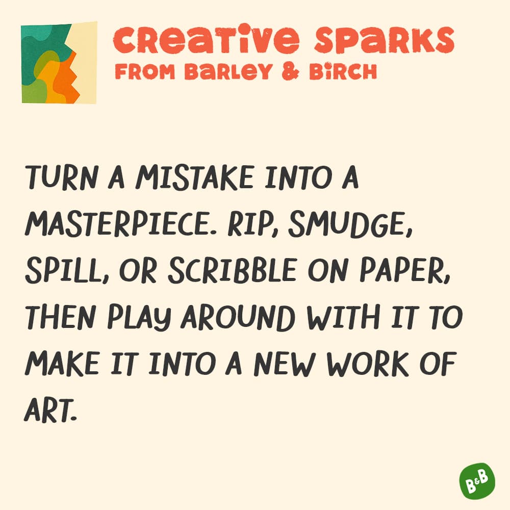 A graphic with a small illustration and text that reads Creative Sparks from barley and birch - with a description of the July kids creative prompt activity