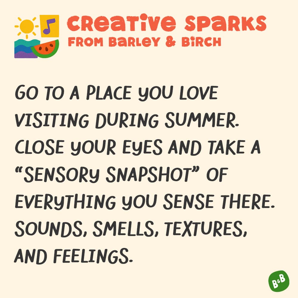 A graphic with a small illustration and text that reads Creative Sparks from barley and birch - with a description of the July kids creative prompt activity