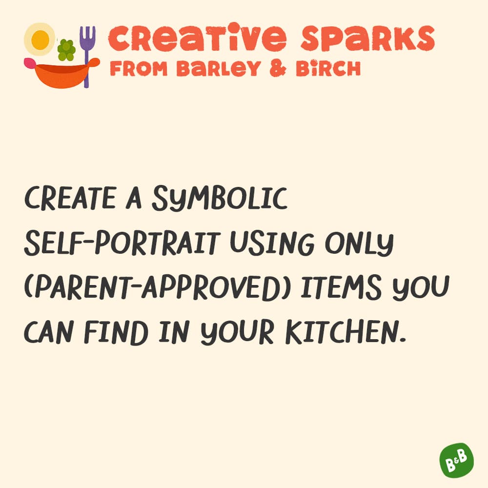A graphic with a small illustration and text that reads Creative Sparks from barley and birch - with a description of the July kids creative prompt activity