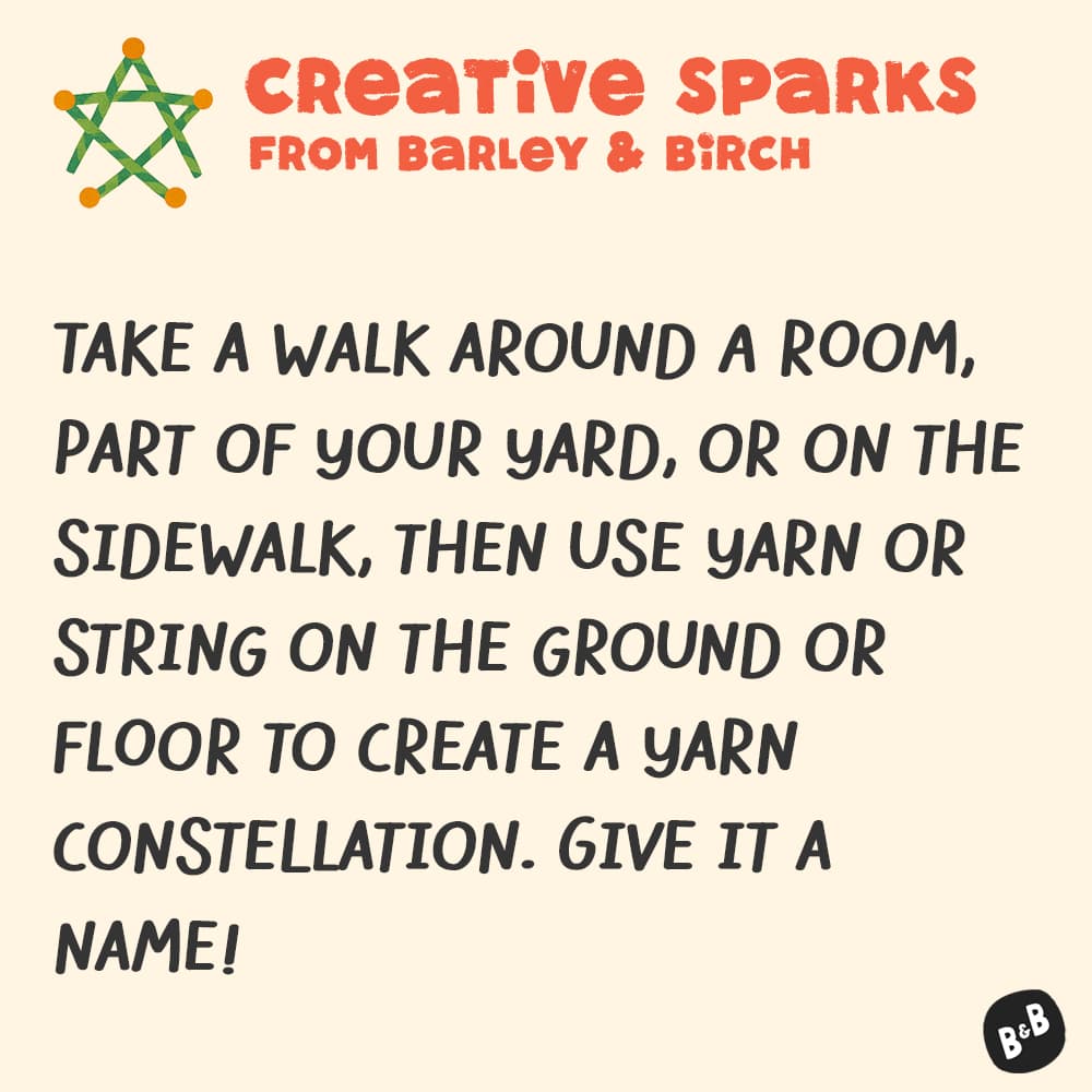 A graphic with a small illustration and text that reads Creative Sparks from barley and birch - with a description of the July kids creative prompt activity