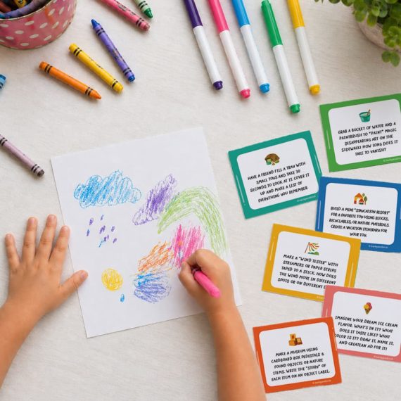 A young child's hands drawing a colorful crayon scene on white paper, surrounded by scattered crayons, bright markers, and a pink polka dot crayon holder. Five illustrated Summer Creative Prompt Cards in green, teal, blue, yellow, and coral are fanned out to the right, each showing a different open-ended activity challenge.