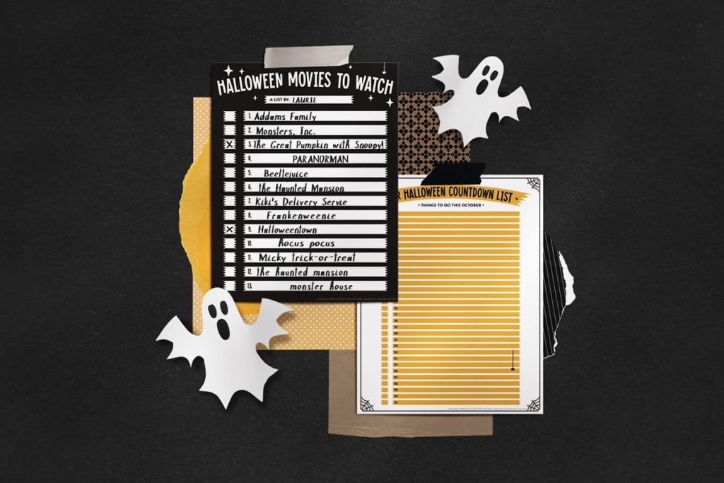 Two halloween activity lists sitting on a black background and pieces of patterned paper next to cutout paper ghosts
