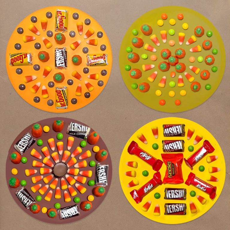 Four candy mandalas sitting on a Kraft paper background