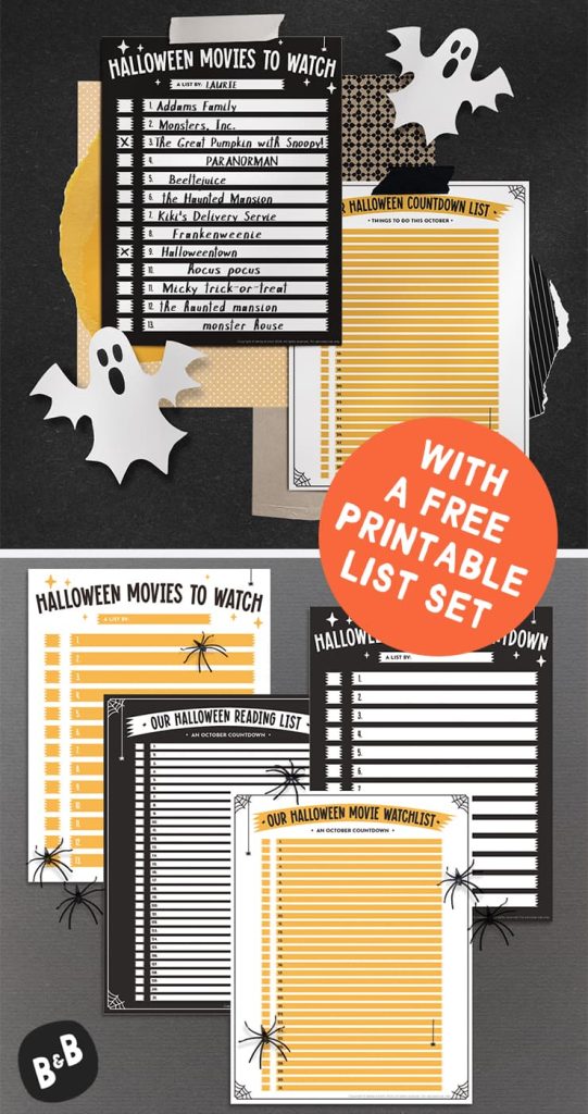 Two halloween activity lists sitting on a black background and pieces of patterned paper next to cutout paper ghosts