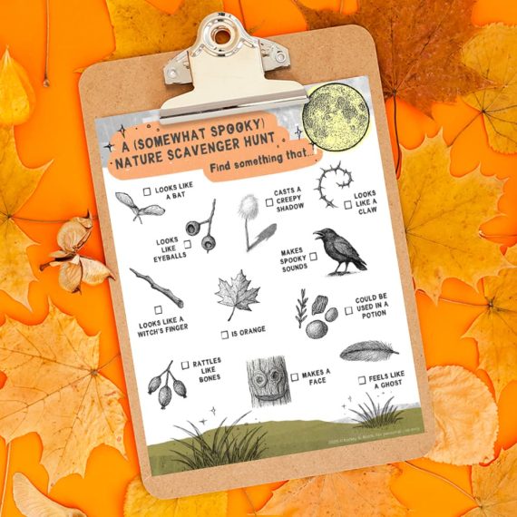 free-printable-illustrated-halloween-nature-scavenger-hunts One of our free printable Halloween nature scavenger hunt pages in a clipboard sitting on an orange background surrounded by colorful fall leaves