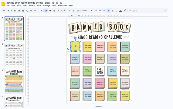 banned-book-printables-google-slides A screenshot of our banned book reading challenge templates in Google Slides